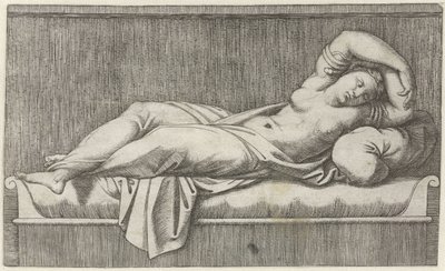 Cleopatra puolialaston makaa sängyllä tekijältä Marcantonio Raimondi