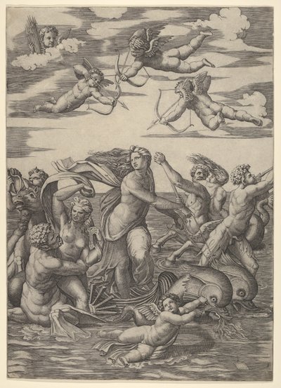 Galatea seisoo kahden delfiinin vetämissä vesivaunuissa, tritonien ympäröimänä, nere..., 1515-16. tekijältä Marcantonio Raimondi