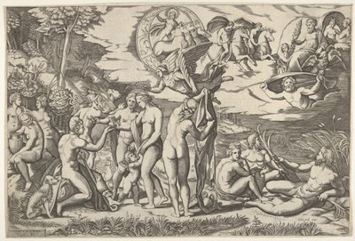 Pariisin tuomio: Paris ojentaa kätensä Venusta kohti, joka seisoo Junon ja..., noin. 1520-50. tekijältä Marcantonio Raimondi