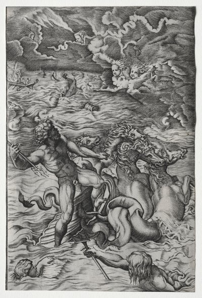 Neptunus rauhoittaa myrskyn, jonka Aeolus nosti Aeneasin laivastoa vastaan tekijältä Marcantonio Raimondi