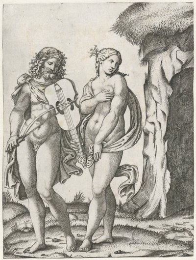 Orpheus soittaa alttoviulua ennen kuin Eurydike menee alamaailmaan tekijältä Marcantonio Raimondi