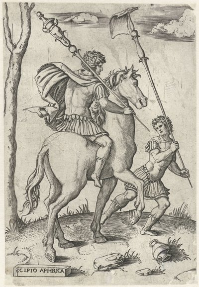 Roomalaiset kenraalit Scipio Africanus Maior hevosen selässä ja Scipio Africanus Minor Roomalaiset sankarit hevosen selässä (sarjan nimi) tekijältä Marcantonio Raimondi