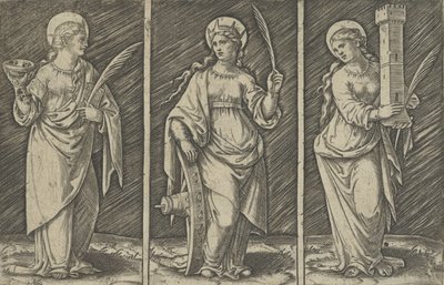 Saint Barbara vasemmalla, Pyhä Katariina, keskellä, Saint Lucy oikea, n. 1500-1527, n. 1500-1527. tekijältä Marcantonio Raimondi