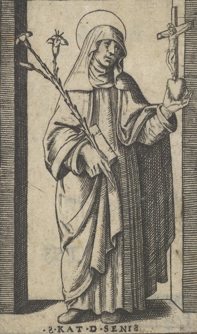 Pyhä Katariina Siena seisoo kukkia ja kirjaa pitelemässä oikeassa kädessään, h..., n. 1500-1527. tekijältä Marcantonio Raimondi