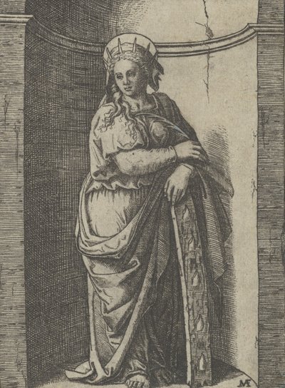 Pyhä Katariina seisoo kapealla, lepää pyörällä, hänen kidutusvälineensä..., n. 1500-1527. tekijältä Marcantonio Raimondi