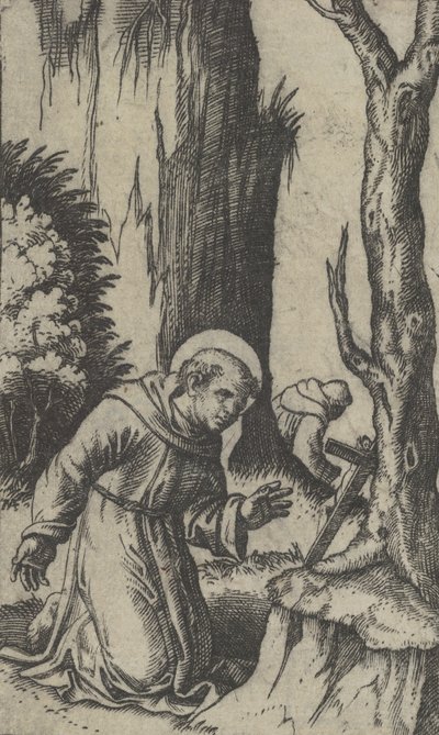 Pyhä Franciscus Assisilainen rukoilee krusifiksin edessä, sarjasta Piccoli Santi..., ca. 1500-1527. tekijältä Marcantonio Raimondi