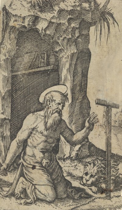 Pyhä Jerome polvistumassa krusifiksin edessä, sarjasta "Piccoli Santi" Small S..., n. 1500-1527. tekijältä Marcantonio Raimondi