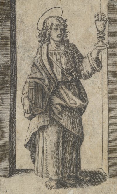 Saint John, kirja oikeanpuoleisessa maljassa vasemmalla, sarjasta "Piccoli Santi" ..., ca. 1500-1527. tekijältä Marcantonio Raimondi