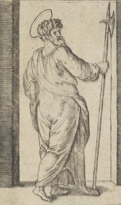 Saint Jude, pitelee halbardia oikeassa kädessään, sarjasta "Piccoli Santi" ..., n. 1500-1527. tekijältä Marcantonio Raimondi