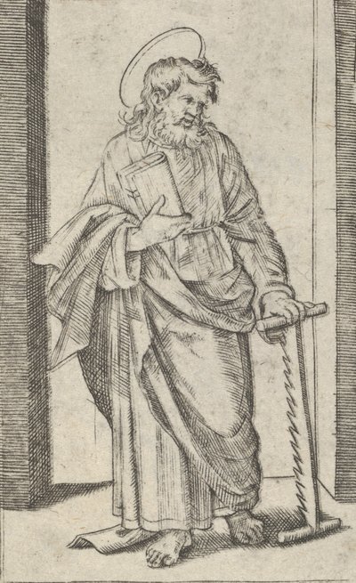 Saint Simon, saha alas lasketussa vasemmassa kädessään, sarjasta "Piccoli Santi" Sma..., n. 1500-1527. tekijältä Marcantonio Raimondi