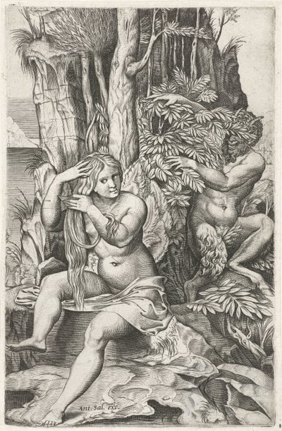 Satyr vakoilee nymfiä wc-tilassaan Pan ja Syrinx tekijältä Marcantonio Raimondi