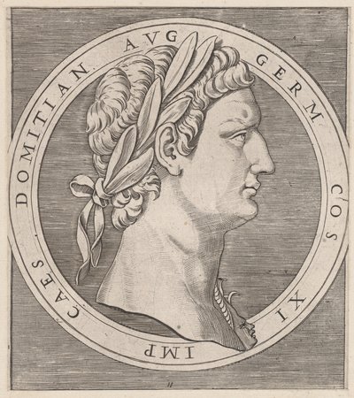 Rooman loiston peili: Domitianus, teoksesta Kaksitoista keisaria, n. 1500-1534, n. 1500-1534. tekijältä Marcantonio Raimondi