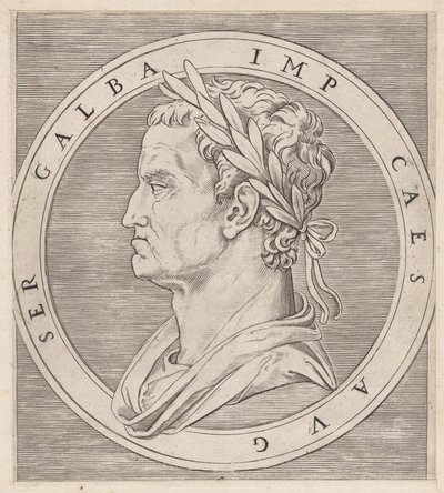 Roomalaisen loiston peili: Galba, The Twelve Caesars, n. 1500-1534, n. 1500-1534. tekijältä Marcantonio Raimondi