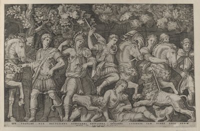 Rooman loiston peili: Leijonanmetsästys, n. 1500-1534, n. 1500-1534. tekijältä Marcantonio Raimondi