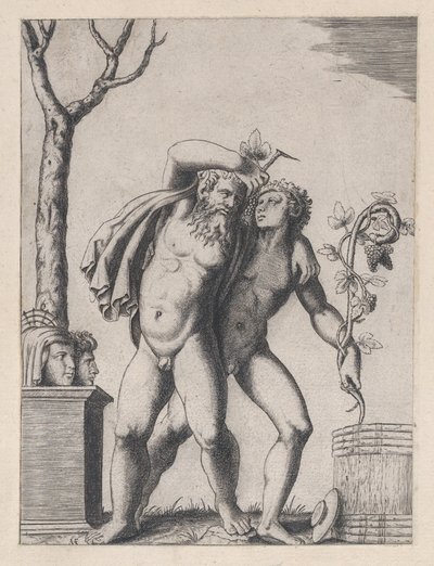 Roomalaisen loiston peili: Nuori ja vanha Bacchant, n. 1514-36, n. 1514-36. tekijältä Marcantonio Raimondi