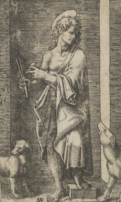 St Lazarus kahden koiran rinnalla sarjasta "Piccoli Santi" Small Saints, c..., ca. 1500-1527. tekijältä Marcantonio Raimondi