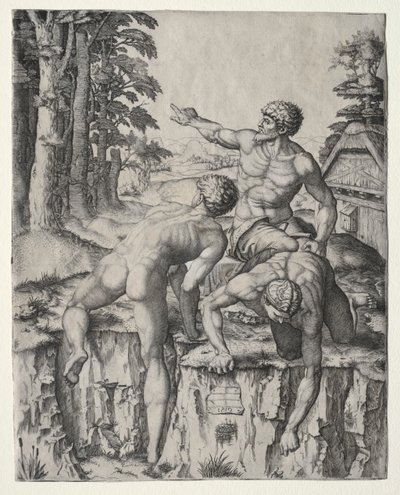 Kiipeilijät (kolme hahmoa Michelangelon Cascinan taistelusta) tekijältä Marcantonio Raimondi
