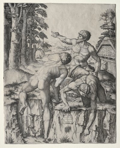 Kiipeilijöiden kolme hahmoa Michelangeloksen Cascinan taistelusta, 1510. tekijältä Marcantonio Raimondi