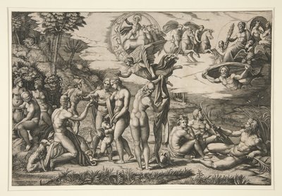 Pariisin tuomio, Rafaelin mukaan, noin 1510-20. tekijältä Marcantonio Raimondi