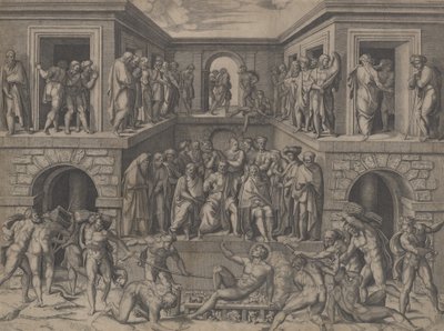 Pyhän Laurentiuksen marttyyrikuolema Bandinellin jälkeen, n. 1520. tekijältä Marcantonio Raimondi