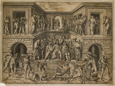 Pyhän Laurentiuksen marttyyrikuolema, n. 1525 tekijältä Marcantonio Raimondi