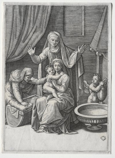 Neitsyt ja kehto Pyhän Elisabetin ja Pyhän Annan kanssa, 1520. tekijältä Marcantonio Raimondi