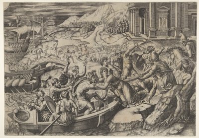Helenin sieppaus, taistelukohtaus rannalla, jossa kaksi miestä vetää Helenin b..., n. 1520-27. tekijältä Marcantonio Raimondi