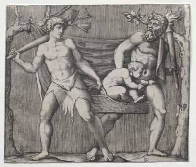 Kaksi faunia kantamassa lasta korissa, n. 1513-1515. tekijältä Marcantonio Raimondi