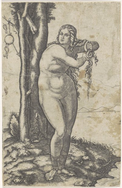 Venus seisoo veden äärellä ja puristaa vettä hiuksistaan Venuksen syntymä tekijältä Marcantonio Raimondi