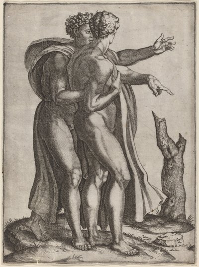 Kaksi alaston miestä tekijältä Marcantonio Raimondi after Michelangelo