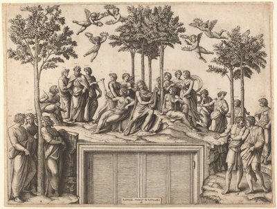 Apollo Parnassuksella tekijältä Marcantonio Raimondi after Raphael