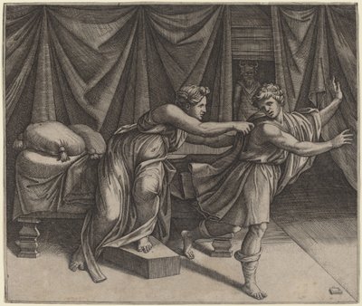 Joosefin ja Potifarin vaimo tekijältä Marcantonio Raimondi after Raphael