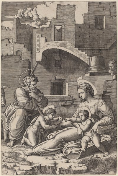 Pyhä perhe nuoren Pyhän Johannes Kastajan kanssa (Pitkän reiden madonna) tekijältä Marcantonio Raimondi after Raphael