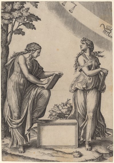 Kaksi naista, joilla on horoskooppi tekijältä Marcantonio Raimondi after Raphael