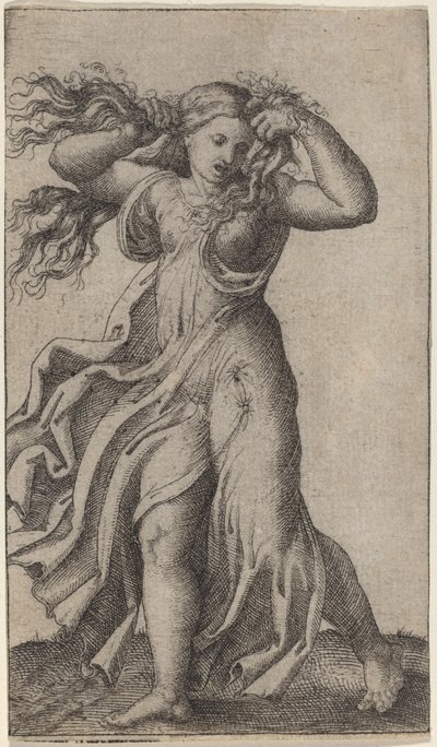 Nainen vetää hiuksiaan tekijältä Marcantonio Raimondi possibly after Francesco Francia