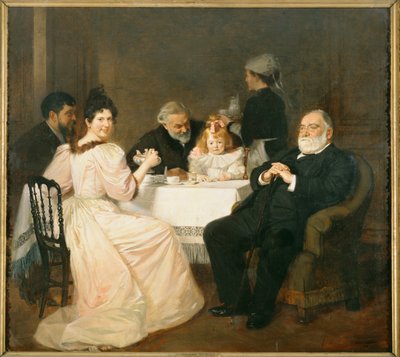Francisque Sarcey, kirjallisuuskriitikko, Adolphe Brissonin tyttären luona... (maalaus kankaalle) tekijältä Marcel Andre Baschet
