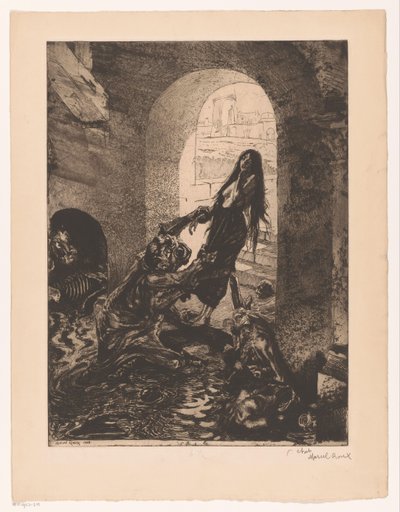 Hirviö nappaa ovella seisovan naisen Offrande a Moloch (otsikko esineessä) Girl of ilo (sarjan nimi) Fille de Joie (sarjan nimi esineellä) tekijältä Marcel Roux (signed by artist)