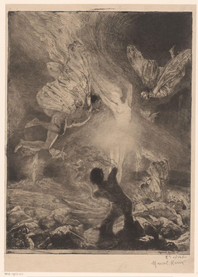 Naisen muotoinen liekki, jota ympäröivät miehet, joiden siivet palavat ja kaatuvat femme flamme Girl of ilo (sarjan nimi) Fille de Joie (sarjan nimi esineellä) tekijältä Marcel Roux (signed by artist)
