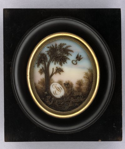 Plakki, n. 1880 (akvarellit ja hiukset lasille, kullattu, puu ja lasi) tekijältä Marcellin Marcellin