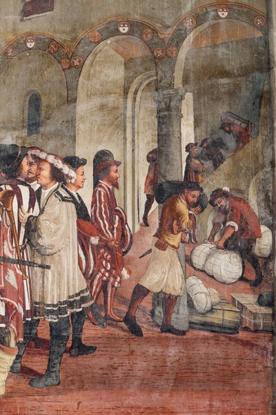 Metsästyskohtaus, yksityiskohta tanskalaisen Christian I:n vierailusta Bartolomeo Colleonin kunniahuoneeseen tekijältä Marcello or Romani Girolamo (Romanino) (c.1485 c.1566) (attr.to) Fogolino