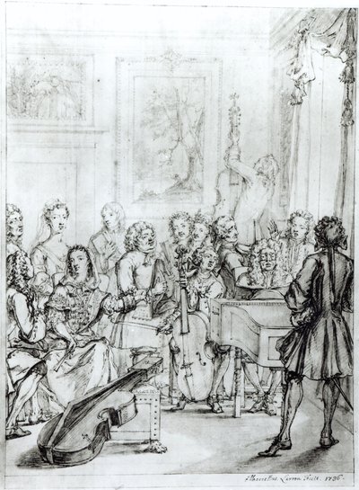Konsertti Montague Housessa, 1736 (kynä ja muste kynällä paperille) tekijältä Marcellus the Younger Laroon
