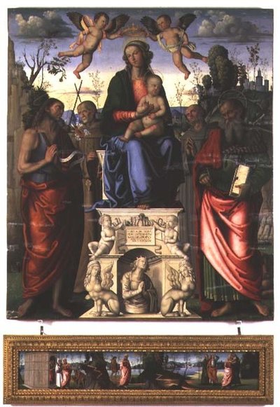 Madonna ja lapsi Pyhän Johannes Kastajan, Sienan Pyhän Bernardinon ja Pyhän Hieromuksen kanssa (paneeli) tekijältä Marco (attr. to) Meloni