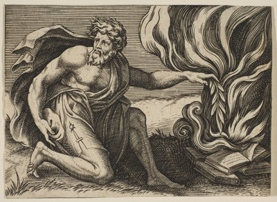 Mies polvistuu ja asettaa laakerinoksan palavien kirjojen pinon päälle, n. 1515-27. tekijältä Marco Dente