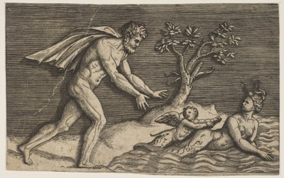 Alaston mies puristamassa naidia ja amoria veteen, n. 1515-27. tekijältä Marco Dente