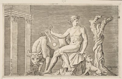 Apollo hoitaa Admetuksen parvia, Apollo istui kädessään lyyraa ja hänen vieressään..., n. 1515-27. tekijältä Marco Dente