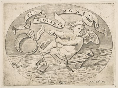 Eros pakenee merellä, Cupid käyttää keulaansa kuljettaakseen venettä, joka on valmistettu hänen väreistään..., noin. 1515-27. tekijältä Marco Dente