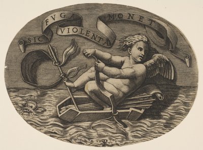 Eros pakenee meritse käyttäen keulaansa ajaakseen nuoresta valmistettua venettä..., n. 1515-27. tekijältä Marco Dente