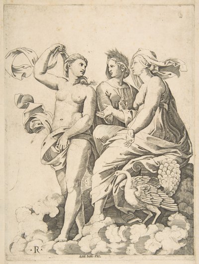 Juno, Ceres ja Psyche pilvissä keskustelemassa, Juno istuu riikinkukon kanssa..., n. 1515-27. tekijältä Marco Dente