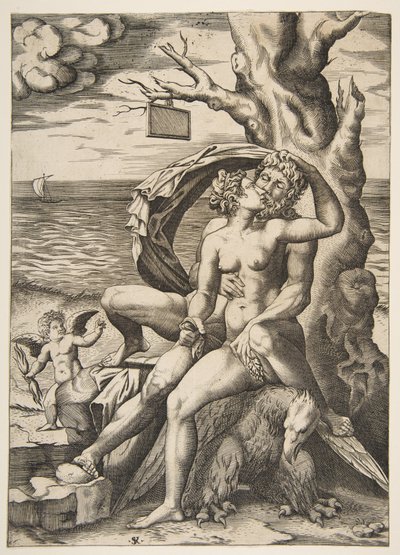 Jupiter ja Semele halaavat, kotka alla, puu oikealla tyhjällä t..., n. 1515-27. tekijältä Marco Dente