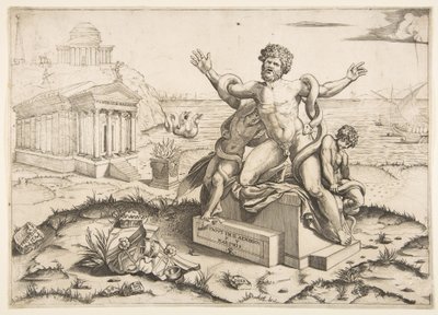 Käärmeet hyökkäävät Laocoöniin ja hänen kahteen poikaansa jalustalle, Mi...n temppeliin, n. 1515-27. tekijältä Marco Dente